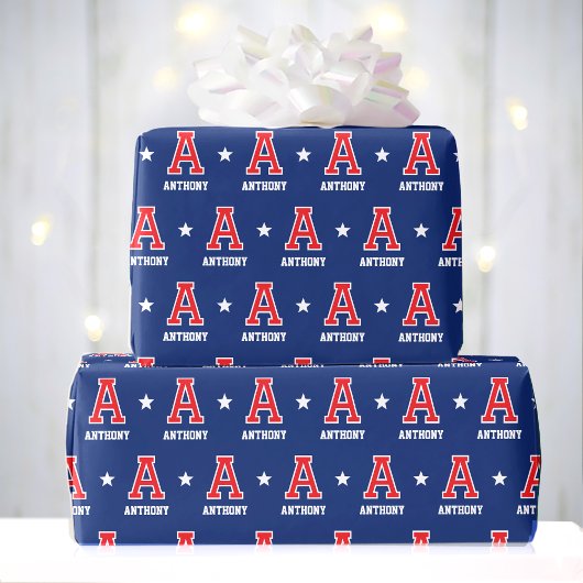 Mit Monogramm Name Star Red Navy Custom Geschenkpapier