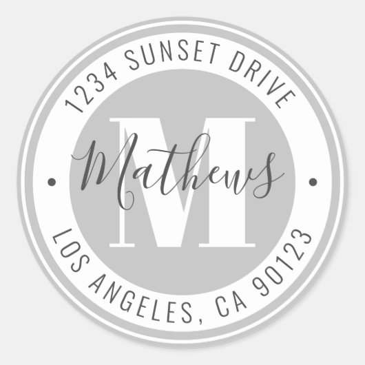 Mit Monogramm Name und Circle Text | Grau und Weiß Runder Aufkleber (Vorderseite)