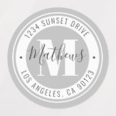 Mit Monogramm Name und Circle Text | Grau wasserdi Etiketten (Design 1)