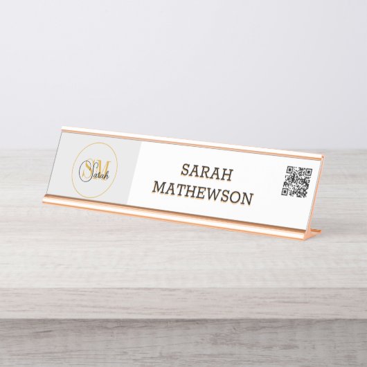 Mit Monogramm Name und elegante Unterschrift/QR-Co Schreibtischnamensplakette (Vorderseite )