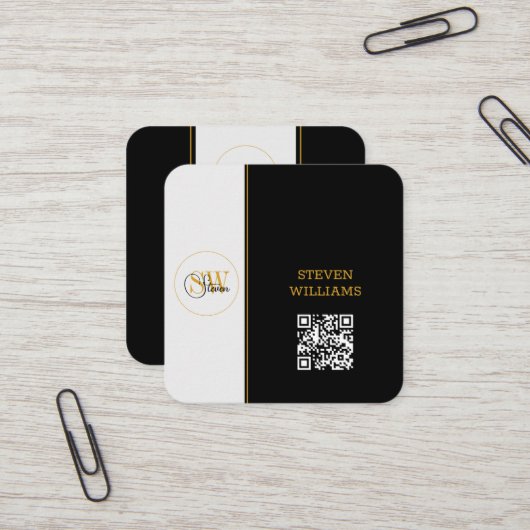 Mit Monogramm Name und moderne Unterschrift/QR-Cod Quadratische Visitenkarte (Vorderseite/Rückseite Beispiel)