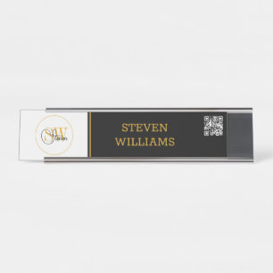Mit Monogramm Name und moderne Unterschrift/QR-Cod Schreibtischnamensplakette