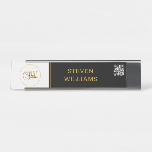 Mit Monogramm Name und moderne Unterschrift/QR-Cod Schreibtischnamensplakette (Vorderseite )