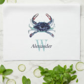 Mit Monogramm Nautic Navy Blue Gray Aquamarin Crab Geschirrtuch (Gefaltet)
