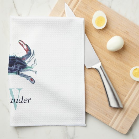 Mit Monogramm Nautic Navy Blue Gray Aquamarin Crab Geschirrtuch (Viertel Falte)