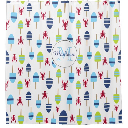 Mit Monogramm Nautical Lobster Buoy Beach House Duschvorhang (Vorderseite)