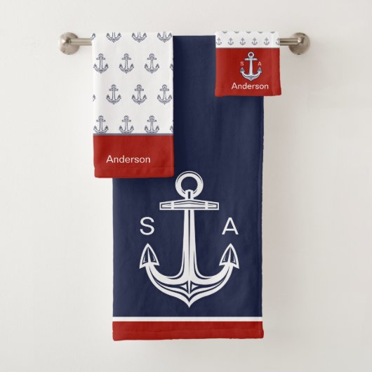 Mit Monogramm nautische Anchor Blaue Rote Küste Badhandtuch Set (Insitu)