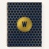 Mit Monogramm Navy Blue Gold Hexagon Muster Notizblock (Vorderseite)