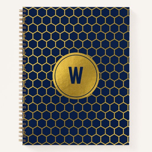 Mit Monogramm Navy Blue Gold Hexagon Muster Notizblock (Vorderseite)