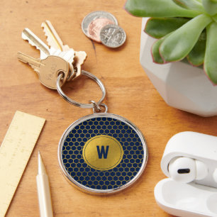Mit Monogramm Navy Blue Gold Hexagon Muster Schlüsselanhänger