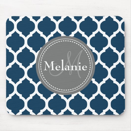 Mit Monogramm Navy Blue & Gray Quatrefolie Mousepad (Vorne)