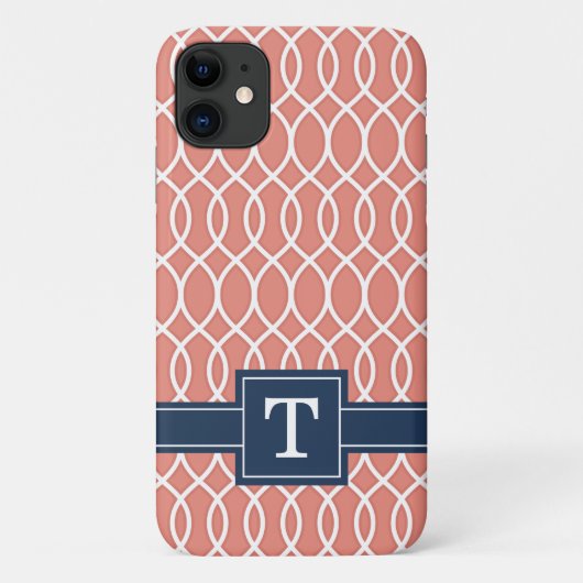 Mit Monogramm Navy Blue Pink Lattice Muster Case-Mate iPhone Hülle (Rückseite)