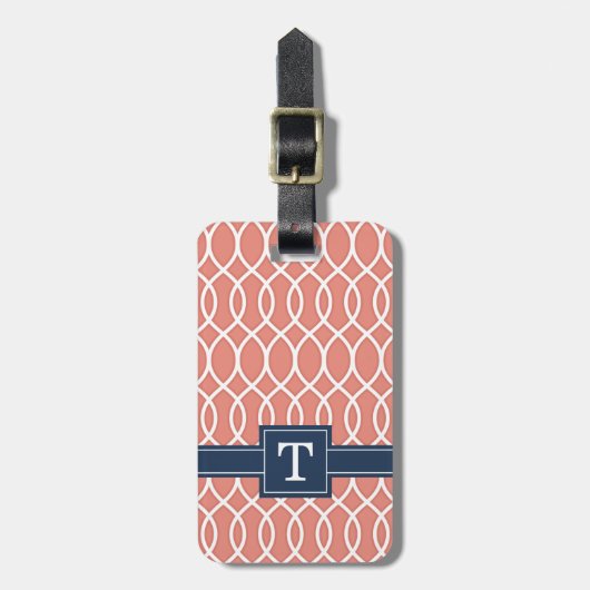 Mit Monogramm Navy Blue Pink Lattice Muster Gepäckanhänger (Vorderseite vertikal)