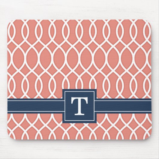 Mit Monogramm Navy Blue Pink Lattice Muster Mousepad (Vorne)