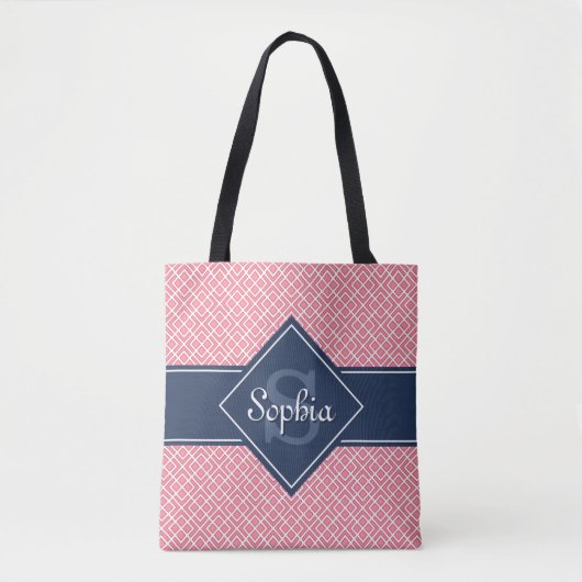 Mit Monogramm Navy Blue und Pink Diamond Muster Tasche (Vorderseite)