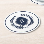 Mit Monogramm Navy-Blue-Wappen-Kranz-Rahmen Runder Pappuntersetzer (Angewinkelt)