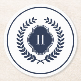 Mit Monogramm Navy-Blue-Wappen-Kranz-Rahmen Runder Pappuntersetzer