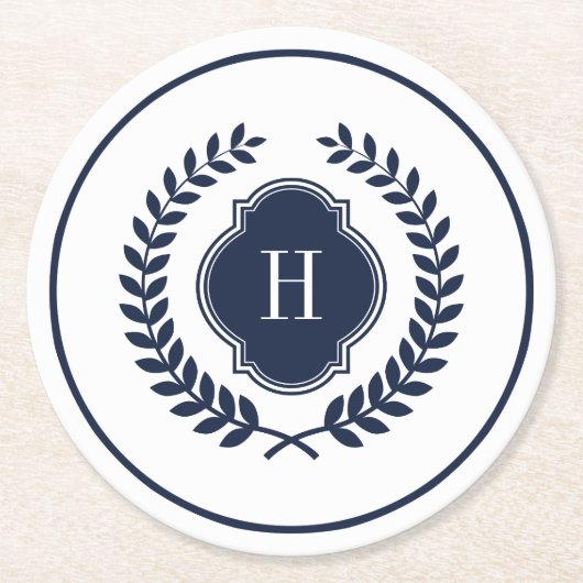 Mit Monogramm Navy-Blue-Wappen-Kranz-Rahmen Runder Pappuntersetzer (Vorderseite)