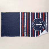 Mit Monogramm Navy Blue White Anchor Nautic Strandtuch (Vorderseite)