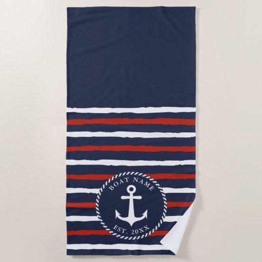 Mit Monogramm Navy Blue White Anchor Nautic Strandtuch (Vorderseite)