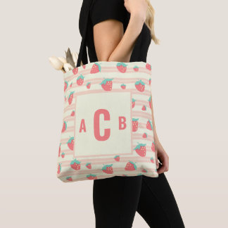 Mit Monogramm Niedliche Erdbeeren + Crememuster Tasche