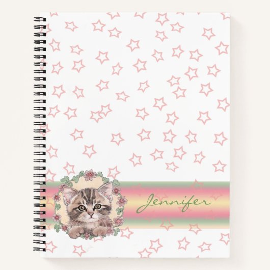 Mit Monogramm Niedliche Kitten Floral Pink Star Notizblock (Vorderseite)