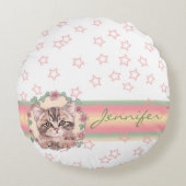 Mit Monogramm Niedliche Kitten Floral Pink Star Rundes Kissen (Vorderseite)