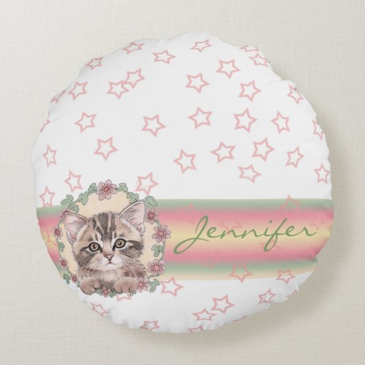 Mit Monogramm Niedliche Kitten Floral Pink Star Rundes Kissen (Rückseite)