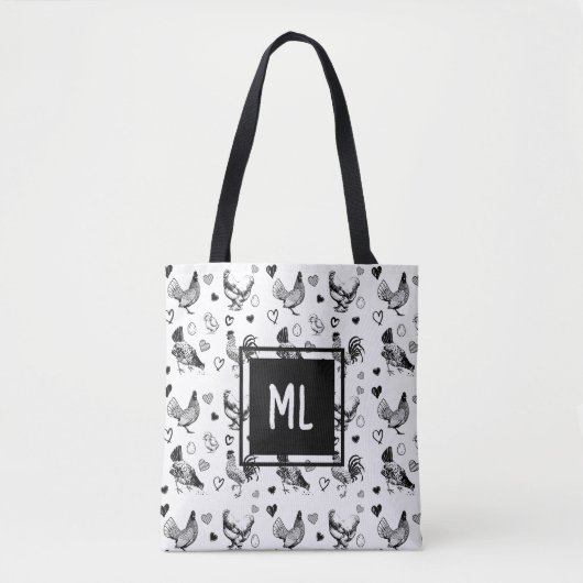 Mit Monogramm Niedliche Rinder und Cartoon Hühner Tasche (Vorderseite)