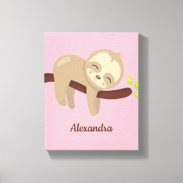 Mit Monogramm Niedliches Baby-Sloth auf Tree Pink- Leinwanddruck