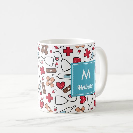 Mit Monogramm Niedliches Krankenmuster Kaffeetasse (VorderseiteRechts)