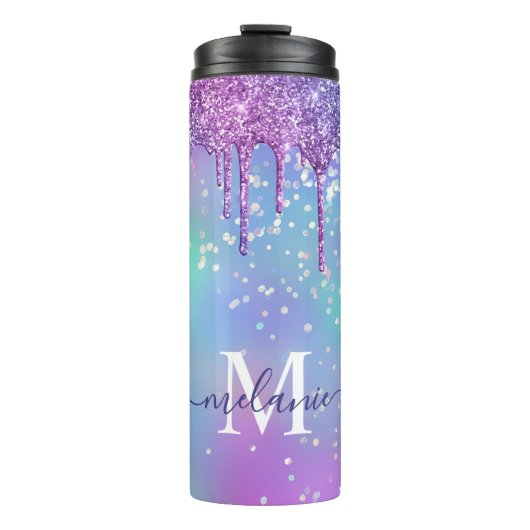 Mit Monogramm Ombre Rainbow Glitzer Tropfen Thermosbecher (Vorderseite)