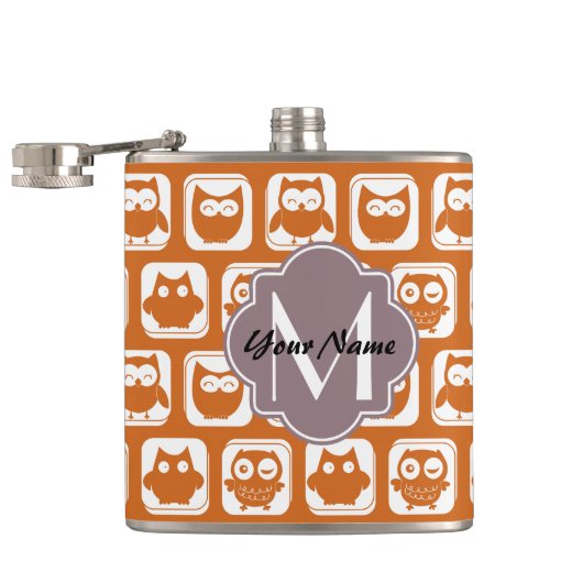 Mit Monogramm Orange Owls Flachmann (Geöffnet)