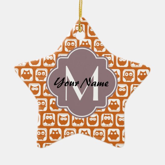 Mit Monogramm Orange Owls Keramik Ornament (Vorne)