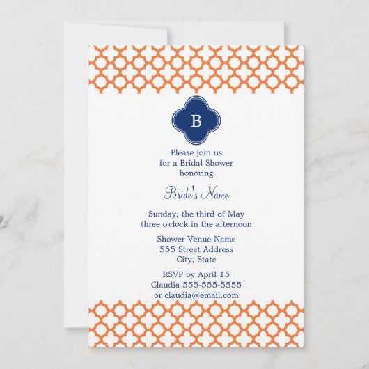 Mit Monogramm Orange , Royal Blue Quatrefoil Brida Einladung (Vorderseite)