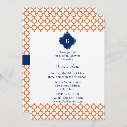 Mit Monogramm Orange , Royal Blue Quatrefoil Brida Einladung (Vorne/Hinten)