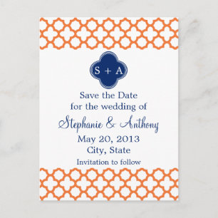 Mit Monogramm Orange, Royal Blue Quatrefolie Ankündigungspostkarte