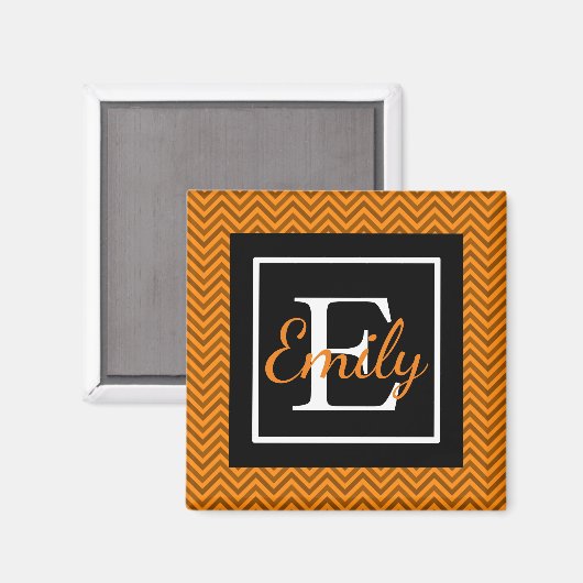 Mit Monogramm Orange- und Schwarz-Zickzack Muster Magnet (Vorderseite/Rückseite)
