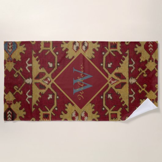 Mit Monogramm orientalisches Rotes Muster Strandtuch (Vorderseite)