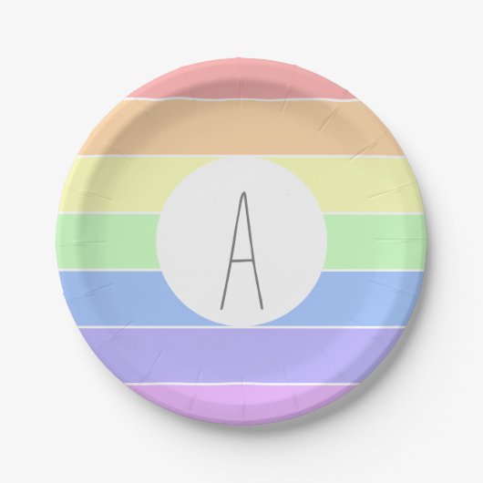 Mit Monogramm Pastell Rainbow Farbige Streifen Pappteller (Vorderseite)