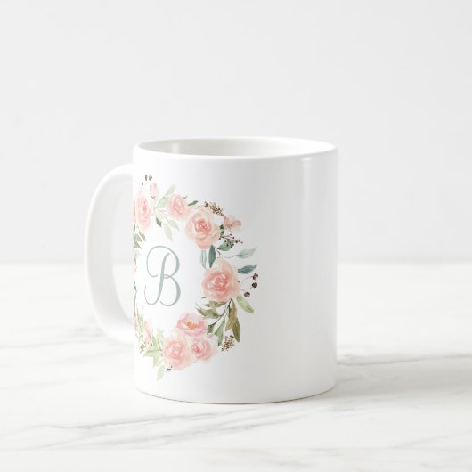 Mit Monogramm Pastell Rosa Blume Kranz Kaffeetasse (Vorderseite Links)