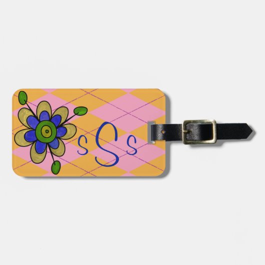Mit Monogramm Pastete Rosa & Orange Raute & Blume Gepäckanhänger (Vorderseite horizontal)