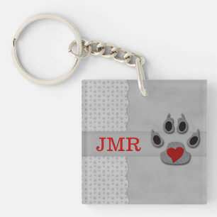 Mit Monogramm Paw Print und Rotes Herz Schlüsselanhänger