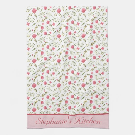Mit Monogramm Personalisiert rosa grüne Blume Geschirrtuch (Vertikal)
