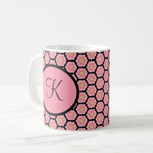 Mit Monogramm personalisiertes Rosa und Schwarzes Kaffeetasse (Vorderseite Links)