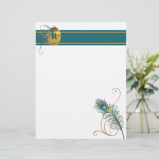Mit Monogramm Pfau in Aquamarin und Gold (Stehend Vorderseite)