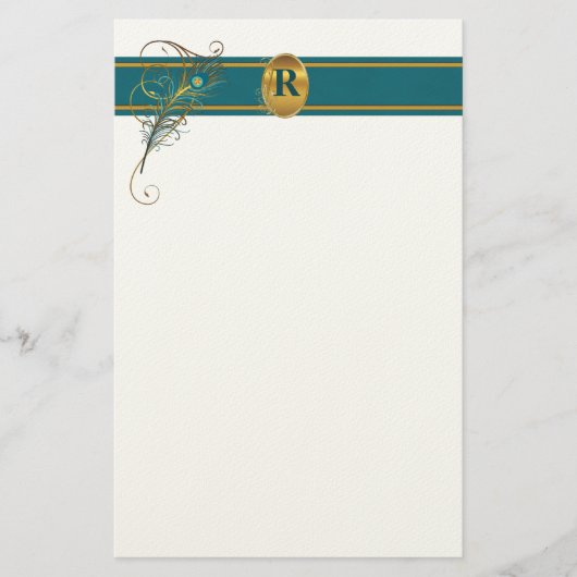 Mit Monogramm Pfauenhochzeit in Aquamarin und Gold Briefpapier (Vorderseite)