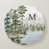 Mit Monogramm Pinienwald und See Rundes Kissen (Rückseite)