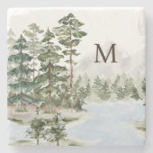 Mit Monogramm Pinienwald und See Steinuntersetzer (Vorderseite)