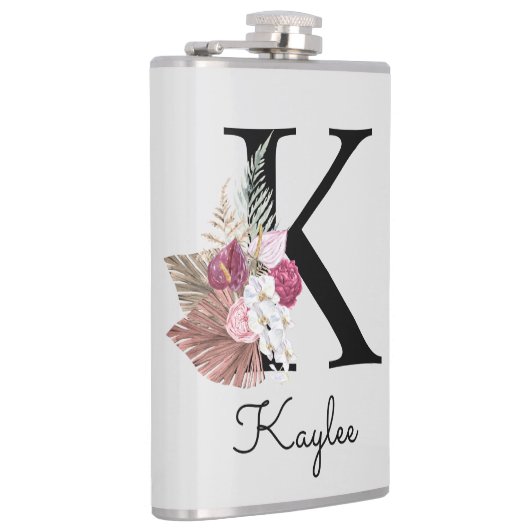 Mit Monogramm Pink Boho Floral Initial K Flachmann (Rechts)